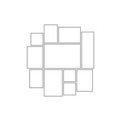 Frame collage from square and rectangle shape for photo, image template line set. Mood board layout, background. Gallery grid, mosaic puzzle border. Vector outline illustration