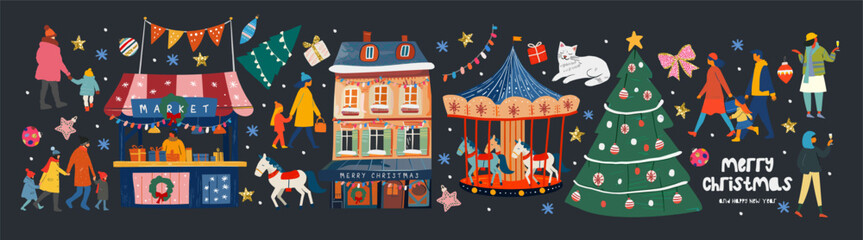 Naklejka premium Christmas market. Vector festive cute illustrations of New Year kiosk shop or stall, house, carousel with horses, walking family and people in winter clothes, Christmas tree