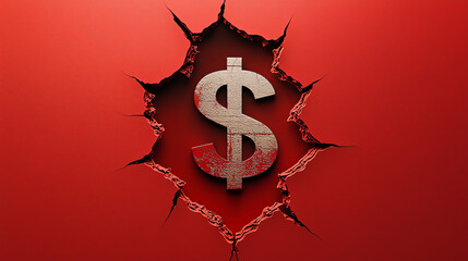 Cracked Red Wall Revealing Dollar Sign Symbol