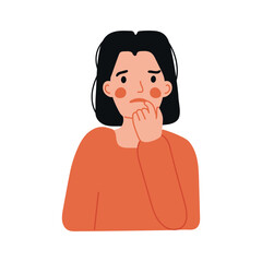 Girl thinks about question, search for help, doubt and fear. Woman thinks or solves problem. Pensive girl. Vector illustration