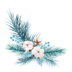 Watercolor illustration beautiful Christmas composition with cotton and fir tree branches in blue-blue tone. Hand drawn New Year illustration
