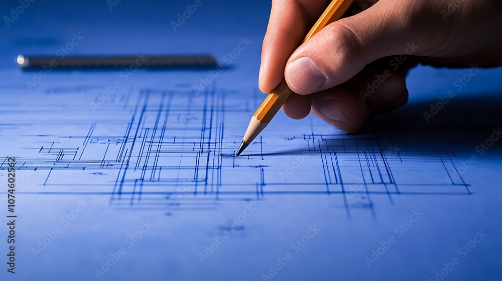 Poster a hand is sketching architectural plans on blue paper with a pencil, demonstrating design and precis