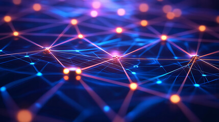 An abstract quantum computing scene with interconnected nodes, light trails, and a high-tech digital environment 