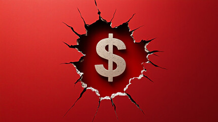 Cracked Red Wall Revealing Dollar Sign Symbol