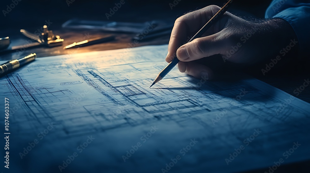 Fototapete A hand sketches architectural plans on paper, illuminated by soft light, emphasizing precision and creativity in design.