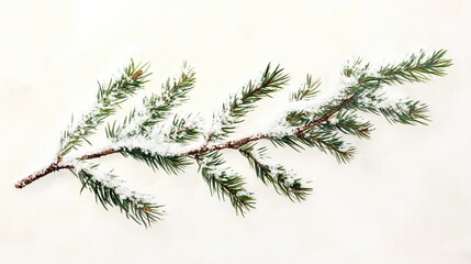 Snow-dusted pine branch on white background