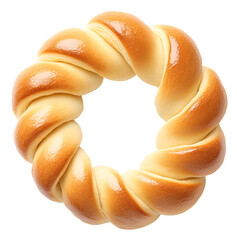 A freshly baked, golden brown braided bread roll with a glossy finish. The bread is shaped into a ring with a large hole in the center.