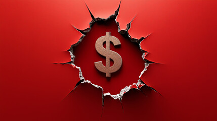 Cracked Red Wall Revealing Dollar Sign Symbol