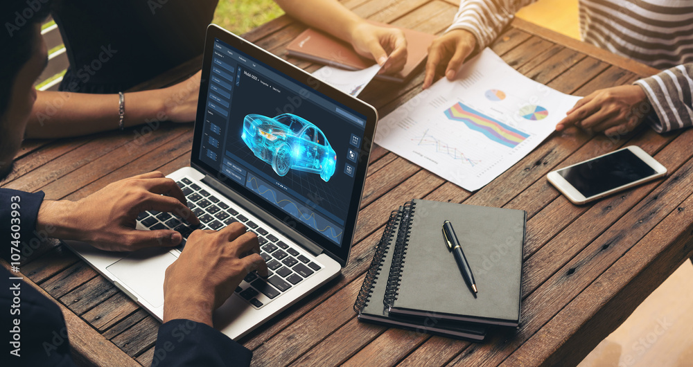 Poster electric car design software on computer screen showing simulation blueprint snugly by digital calcu