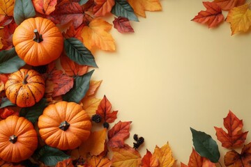 Pumpkin patch with pumpkins and leaves on yellow background with copy space
