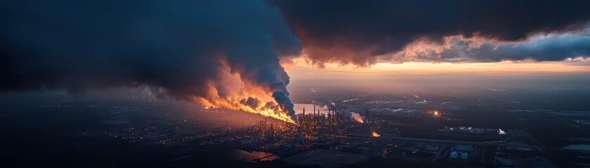 Fototapeta premium Aerial view of a sprawling refinery complex under dramatic clouds, showcasing industrial scale and nature's beauty.
