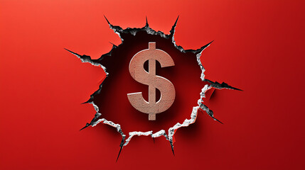 Cracked Red Wall Revealing Dollar Sign Symbol