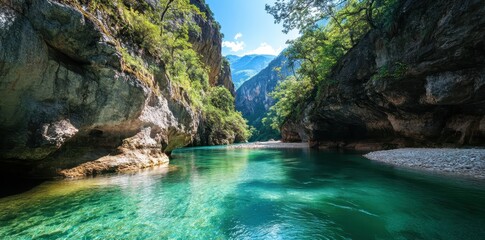 Experience the breathtaking beauty of an unforgettable canyon with a stunning emerald green river flowing through it.