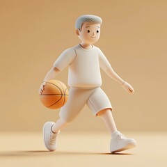 Minimalist 3D illustration of a young boy playing basketball, dressed in simple athletic attire. Character in a dynamic pose with a basketball, perfect for sports and youth themes.