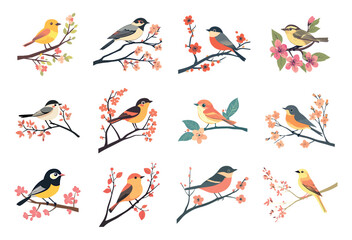 Song spring birds on tree brunch set. Feathered wildlife. Beauty of nature. Birdies sitting on blooming cherry with flowers. Pastel colors. Cartoon simple minimalistic style isolated vector clipart