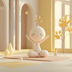 Whimsical 3D illustration of a cute plant character in a yoga pose, embodying peace and mindfulness. Minimalist design with warm pastel colors, perfect for wellness and relaxation themes.