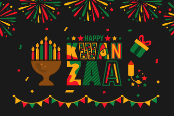 Happy Kwanzaa fireworks celebration background, poster or banner design template. annual celebration of African American culture from December 26 to January 1. Holiday concept.