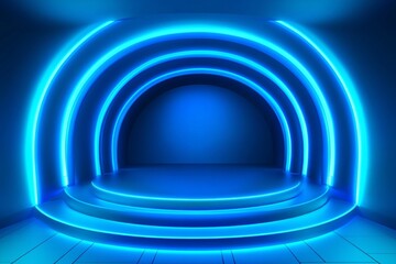 Obraz premium Abstract Blue Neon Lights Background - Glowing Arches and Circles