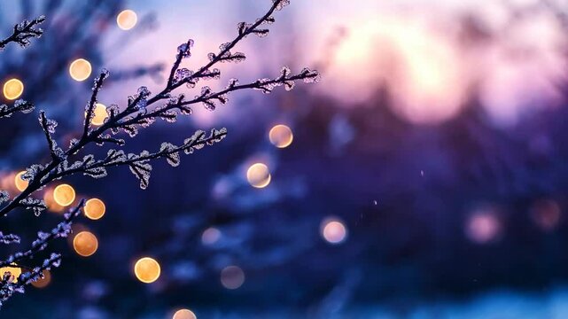 leafless branch covered with ice sway in wind in wintertime with sunset bokeh light 