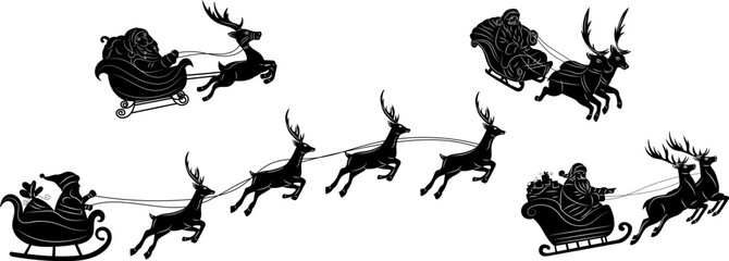 set of santa flying on sleigh silhouette on white background, vector