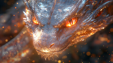 3D Illustration of a Dragon's Head with Glowing Eyes