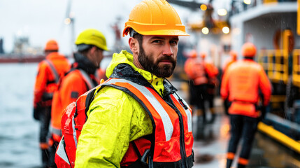 Obraz premium Offshore technician in safety gear, focused and ready for work, surrounded by colleagues in bright orange and yellow attire, working on rainy day