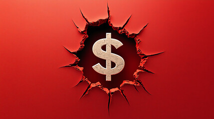 Cracked Red Wall Revealing Dollar Sign Symbol