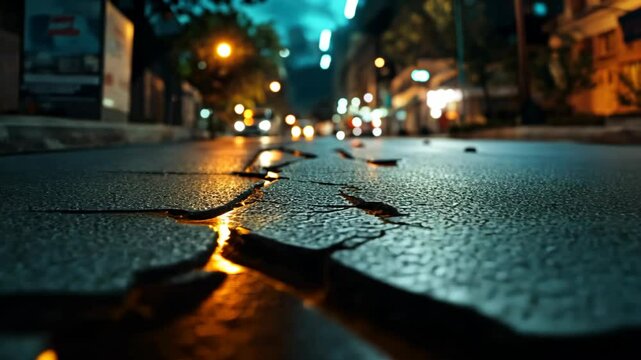 urban city road surface cracking with fire or lava under neath the ground