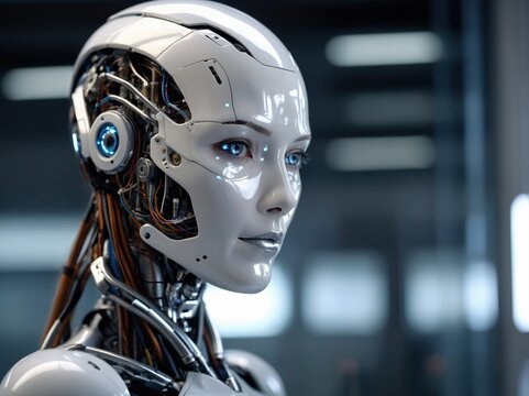 A closeup image of a humanlike female robot with lifelike features, metallic textures, and futuristic design, blending technology and humanity