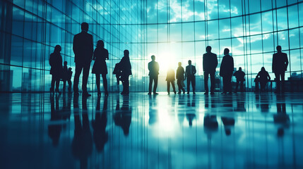 Silhouettes d'un groupe diversifié de professionnels debout dans un grand espace de bureau moderne avec des murs en verre, éclairé par la douce lumière d'un coucher de soleil.