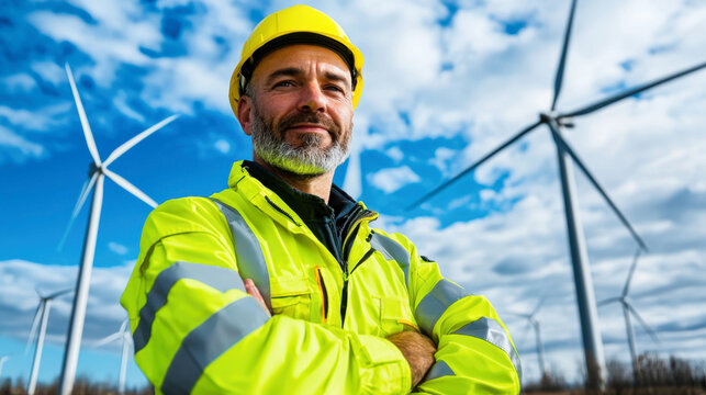 technician in yellow safety jacket and helmet stands confidently among wind turbines, showcasing renewable energy and safety in field