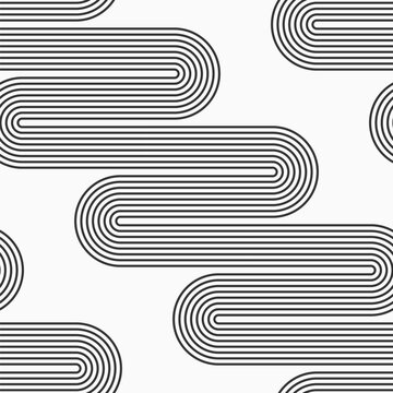 Abstract wavy stripes geometric vector seamless pattern. Hypnotic pattern. Black wavy stripes isolated on white background. Waving parallel lines seamless monochrome vector background.