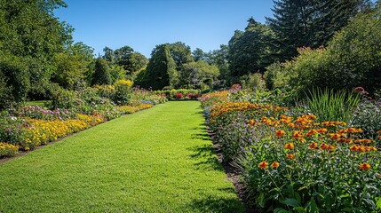 Obraz premium Vibrant summer garden pathway with blooming flowers and lush greenery