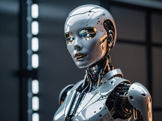 A humanoid female AI robot mannequin wearing futuristic attire, showcasing sleek design, advanced technology, and robotic features in a stylish display