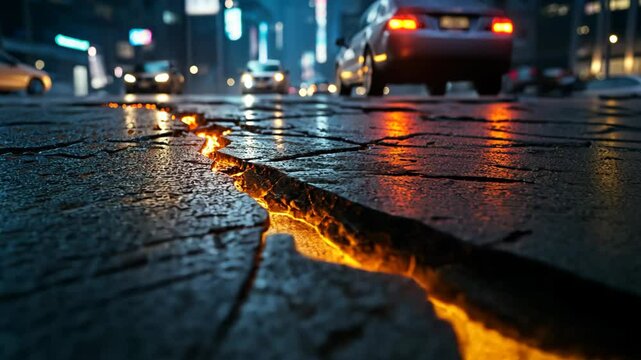 urban city road surface cracking with fire or lava under neath the ground