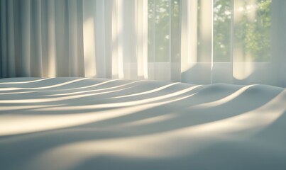 Soft light filters through sheer curtains, creating gentle shadows on a smooth surface, evoking a serene and tranquil atmosphere.