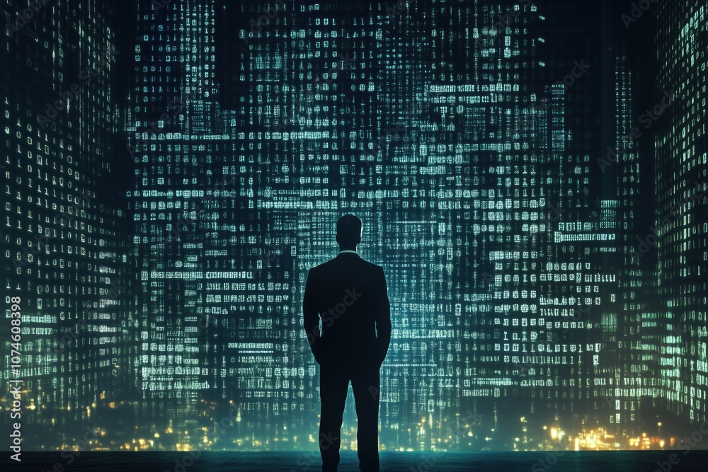 Aufkleber digital data visualization, man observing binary code, futuristic environment