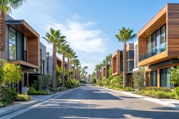 An empty road in Santa Monica, California, lined with modern buildings and palm trees on the right side.