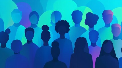 A banner displaying silhouettes of numerous people, set against a gradient background of blue, green, and teal hues.