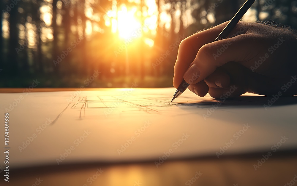 Poster a hand drawing on paper with a beautiful sunset in the background, surrounded by trees, creating a s