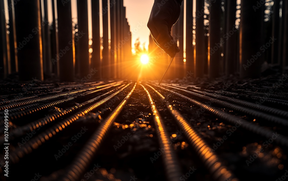 Poster a silhouette of a figure walking towards the sunset along a path of metallic rods, framed by dark tr
