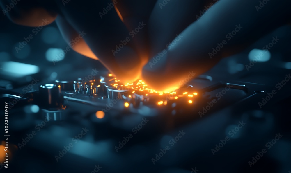 Fototapete a close-up of a hand manipulating a circuit board, featuring glowing elements that suggest technolog