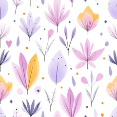 A pastel floral pattern featuring various leaves and flowers in shades of pink, purple, and orange against a white background.