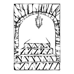 Patio garden arch opening portal with geometric azulejo wall tiles and stairs steps, hanging cast iron lantern. Hand drawn ink vector illustration. Isolated single element for travel, home yard decor