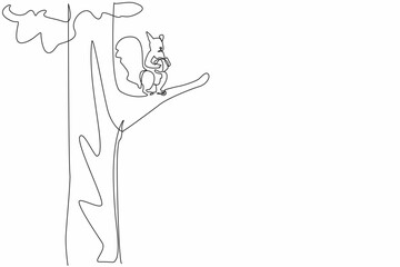 Continuous one line drawing squirrel holding walnut on a felled tree trunk. Finding something to eat. Eating at height. National Squirrel Appreciation Day. Single line draw design vector illustration
