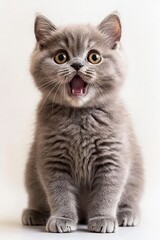 Surprised Gray Tabby Kitten on White Background, Cute and Playful Pet Portrait for Stock Photography