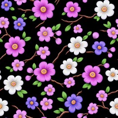 A vibrant floral pattern featuring purple, pink, and white flowers on a black background, ideal for textile and design applications.