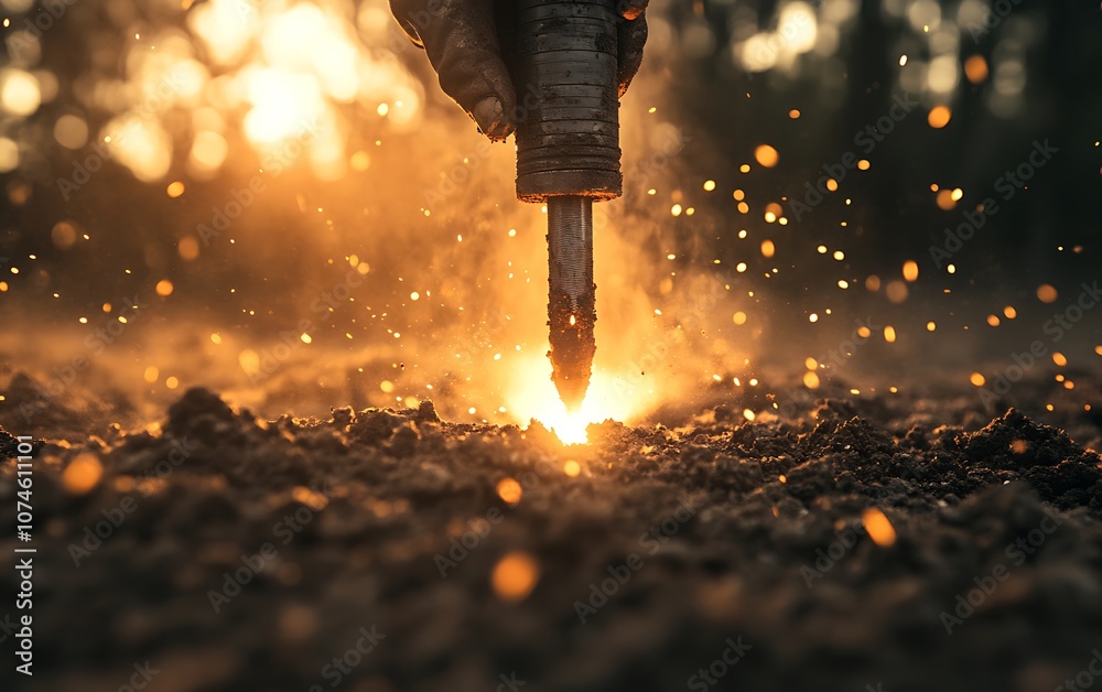 Poster A close-up of a hand using a tool that sparks against the ground, illuminated by warm sunlight creating an ethereal atmosphere.