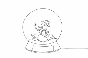 Single continuous line drawing snowman is in the glass snow globe. Sparkling. Memorable winter souvenirs. Toys. Living room decoration. Unique. World Snow Day. One line design vector illustration