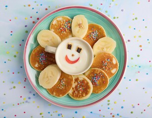 Smiling yogurt with mini pancakes and banana slices for kids breakfast